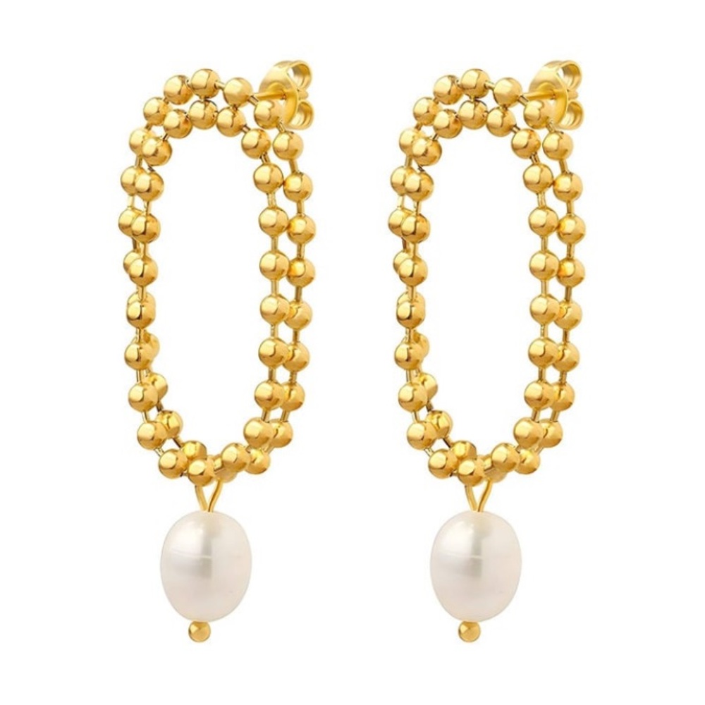 Gold Plated Beaded Hoop Earrings with Pearl Drop – Dainty Elegant Trendy Jewelry